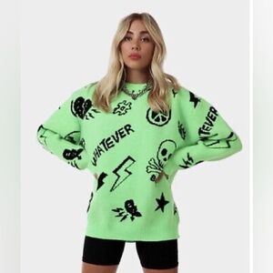 J. Adika Women's Neon Green Graphic Sweater size M/L NWT